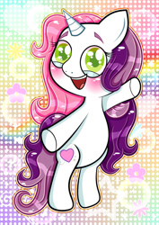 Size: 828x1169 | Tagged: safe, artist:sherbertstarkitty05, derpibooru import, sweetie belle (g3), pony, unicorn, g3, bipedal, blushing, gradient background, horn, looking at you, open mouth, open smile, outstretched arms, rainbow background, smiling, solo