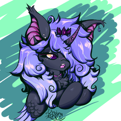 Size: 1920x1920 | Tagged: safe, artist:umbrapone, derpibooru import, oc, oc only, oc:moon gloom, alicorn, pony, alicorn oc, bat ears, blushing, bust, chest fluff, crown, curly hair, curly mane, duskpony, ear piercing, emo, flustered, freckles, goth, horn, hybrid oc, hybrid species, jewelry, moon, piercing, portrait, regalia, solo, wings