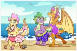 Size: 1772x1181 | Tagged: safe, artist:inuhoshi-to-darkpen, derpibooru import, smolder, spike, oc, oc:buttercream the dragon, bird, dragon, seagull, flurry heart's story, g4, adult, adult spike, beach, can, clothes, dragoness, fat, fat spike, female, gift art, heart shaped, hermit crab, male, ocean, older, older smolder, older spike, sand, sky, swimming trunks, swimsuit, trio, two-piece swimsuit, water, winged spike, wings