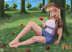 Size: 3425x2480 | Tagged: safe, artist:focusb, derpibooru import, applejack, human, g4, apple, apple tree, applerack, barefoot, breasts, clothes, feet, female, grin, humanized, legs, looking at you, shorts, sitting, smiling, smiling at you, solo, tree