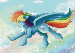 Size: 4961x3508 | Tagged: safe, artist:vixyvixen95, derpibooru import, rainbow dash, pegasus, pony, g4, cloud, flying, sky, smiling, spread wings, wings