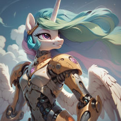 Size: 1024x1024 | Tagged: safe, ai content, derpibooru import, generator:pony diffusion v6 xl, generator:stable diffusion, machine learning generated, princess celestia, anthro, robot, g4, female, gynoid, prompter:teonanakatle, robolestia, roboticization, solo