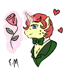 Size: 1280x1280 | Tagged: safe, artist:eilemonty, derpibooru import, oc, oc only, oc:eilemonty, pony, unicorn, bowtie, bust, eilemonty, flower, heart, horn, magic, male, old art, profile, rose, rule 63, simple background, solo, stallion, telekinesis, transparent background