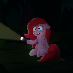 Size: 2000x2000 | Tagged: safe, artist:zeccy, derpibooru import, oc, oc only, pegasus, pony, atg 2024, crying, dark, darkness, everfree forest, flashlight (object), newbie artist training grounds, solo, tears of fear