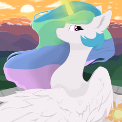 Size: 2048x2048 | Tagged: safe, artist:minecake, derpibooru import, princess celestia, alicorn, pony, g4, ethereal mane, female, glowing, glowing horn, horn, magic, magic aura, mare, morning, raising the sun, smiling, solo, sun work, sunrise