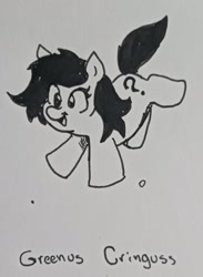 Size: 1469x2010 | Tagged: safe, artist:pony quarantine, derpibooru import, oc, oc only, oc:anon filly, earth pony, pony, female, filly, foal, grayscale, monochrome, open mouth, open smile, pen drawing, smiling, solo, traditional art