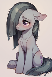 Size: 832x1216 | Tagged: safe, ai content, derpibooru import, generator:pony diffusion v6 xl, generator:stable diffusion, machine learning generated, marble pie, earth pony, pony, g4, blushing, crying, cute, ear blush, ears, female, floppy ears, fluffy, hair over one eye, marblebetes, mare, prompter:doom9454, sad, sadorable, sitting, solo, teary eyes