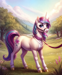 Size: 1280x1536 | Tagged: safe, ai content, derpibooru import, machine learning generated, part of a set, oc, oc only, human, pony, unicorn, blue eyes, chest fluff, collar, detailed, detailed background, dominant pov, female, femsub, flower, grass, halter, hooves, horn, implied human, implied human on pony action, implied interspecies, leash, long tail, multicolored hair, multicolored mane, multicolored tail, open mouth, outdoors, pet play, pov, prompt in description, prompter:mechanic31, solo, standing, submissive, tack, tail, tree, unicorn horn, unicorn oc, unshorn fetlocks