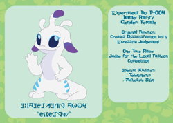 Size: 2100x1500 | Tagged: safe, artist:prixy05, derpibooru import, rarity, alien, g4, experiment, female, lilo and stitch, reference sheet, simple background, solo, species swap, text