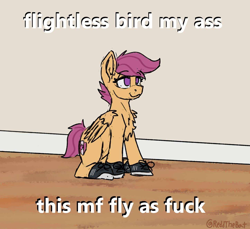 Size: 1446x1326 | Tagged: source needed, useless source url, safe, artist:reddthebat, derpibooru import, scootaloo, pegasus, pony, g4, clothes, fashion, female, shoes, sitting, sneakers, solo, tennis shoes, vulgar