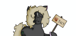 Size: 1440x686 | Tagged: safe, artist:thomas.senko, derpibooru import, oc, oc:black betty, earth pony, pony, black skin, blonde, blonde hair, blonde mane, cactus, female, mare, sign, silly, simple background, white background