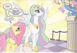 Size: 1007x700 | Tagged: safe, artist:tony fleecs, derpibooru import, idw, angel bunny, fluttershy, princess celestia, alicorn, pegasus, pony, rabbit, g4, spoiler:comic, animal, artwork, micro-series #4, my little pony micro-series, official comic