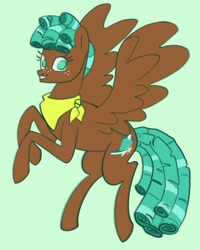 Size: 1440x1800 | Tagged: safe, artist:broniesforponies, derpibooru import, spur, pegasus, pony, g4, brown coat, brown wings, green background, neckerchief, rearing, simple background, smiling, solo, spread wings, teal mane, teal tail, wings