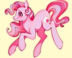 Size: 1440x1148 | Tagged: safe, artist:broniesforponies, derpibooru import, oc, oc only, earth pony, pony, earth pony oc, female, full body, mare, not pinkie pie, pink coat, pink eyes, pink mane, pink tail, simple background, smiling, solo, tail, yellow background