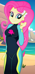 Size: 711x1480 | Tagged: safe, artist:rosasmitt, derpibooru import, fluttershy, human, equestria girls, g4, breasts, clothes, female, fluttershy's wetsuit, hootershy, solo, swimsuit, wetsuit