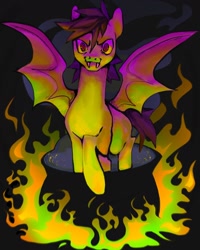 Size: 1440x1800 | Tagged: safe, artist:broniesforponies, derpibooru import, oc, oc only, bat pony, pony, cauldron, fire, smiling, solo