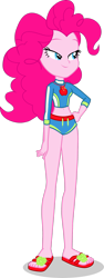 Size: 1280x3388 | Tagged: safe, artist:dustinwatsongkx, derpibooru import, pinkie pie, human, equestria girls, g4, applejack's beach shorts swimsuit, clothes swap, female, geode of super strength, magical geodes, midriff, sandals, simple background, solo, swimsuit swap, transparent background, vector