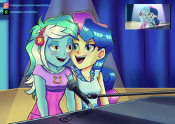 Size: 1063x752 | Tagged: safe, artist:ttshiro, derpibooru import, bon bon, lyra heartstrings, sweetie drops, human, equestria girls, g4, rainbow rocks, duo, duo female, female, jewelry, lesbian, looking at each other, looking at someone, lyrabon, microphone, musical instrument, necklace, piano, scene interpretation, screencap reference, shipping, singing, spotlight, stage