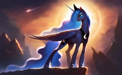 Size: 3520x2160 | Tagged: safe, ai content, derpibooru import, generator:pony diffusion v6 xl, generator:stable diffusion, machine learning generated, princess luna, alicorn, pony, g4, comet, female, head turn, long mane, mare, prompt in description, prompter:derp621, side view, solo, stars, sun