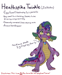 Size: 1321x1578 | Tagged: safe, artist:caffeinatedcarny, derpibooru import, master kenbroath gilspotten heathspike, spike, dragon, g3, g4, alternate design, alternate universe, baby, baby dragon, claws, coat markings, colored sclera, cute, disabled, fangs, gender headcanon, genderqueer, headcanon, heathspike twinkle, horns, lgbt, lgbt headcanon, lgbtq, redesign, simple background, slit eyes, solo, spikabetes, white background