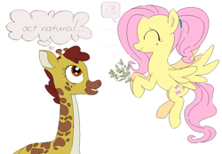 Size: 1057x733 | Tagged: safe, artist:kleyime, derpibooru import, clementine, fluttershy, giraffe, pegasus, pony, g4, /bale/, :3, branches, closed mouth, eyes closed, eyes open, feeding, female, flying, hoof hold, mare, open mouth, plant, ponytail, pretending, pretending to be an animal, smiling, spread wings, thought bubble, wings