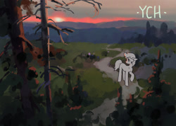 Size: 1407x1000 | Tagged: safe, artist:koviry, derpibooru import, oc, commission, dirt road, forest, looking at something, nature, no mouth, outdoors, raised hoof, raised leg, scenery focus, standing, sunset, text, tree, white text, your character here