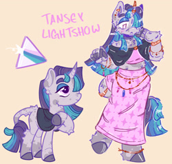 Size: 2000x1900 | Tagged: safe, artist:tottallytoby, derpibooru import, oc, oc only, oc:tansey lightshow, anthro, pony, unguligrade anthro, unicorn, :<, anklet, arm fluff, bangles, base used, bracelet, cheek fluff, clothes, colored eyebrows, colored eyelashes, colored hooves, colored horntip, colored pinnae, colored pupils, curved horn, ear fluff, ear markings, ears, elbow fluff, eyebrows, eyeshadow, facial markings, female, fluffy, gold jewelry, hair over one eye, hoof hands, hooves, horn, horn cap, horn jewelry, jewelry, leg fluff, leonine tail, lidded eyes, long mane, long skirt, long tail, looking down, looking up, makeup, mare, multicolored mane, multicolored tail, pencil skirt, pink background, pink skirt, purple coat, purple eyelashes, purple eyes, purple hooves, purple pupils, reference sheet, shawl, shoulder fluff, shoulderless, simple background, skirt, smiling, splotches, standing, straight mane, straight tail, style emulation, tail, tail fluff, tail jewelry, teal eyeshadow, thick eyebrows, tube top, unicorn horn, unicorn oc, waist chain, wall of tags, white pupils