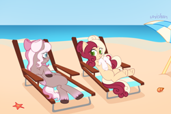 Size: 3000x2000 | Tagged: safe, artist:unichan, derpibooru import, oc, oc only, oc:raspberry radio, oc:timid paws, earth pony, pegasus, pony, beach, beach chair, beach umbrella, bow, chair, coat markings, commission, duo, duo female, female, hair bow, mare, ocean, sand, starfish, sun lounger, unshorn fetlocks, water, ych result