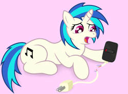 Size: 3500x2579 | Tagged: safe, artist:sweetielover, derpibooru import, dj pon-3, vinyl scratch, pony, unicorn, g4, atg 2024, broken, charger, charging, female, high res, horn, low battery, newbie artist training grounds, open mouth, phone, simple background, sitting, solo, wires, worried