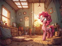 Size: 1328x1000 | Tagged: safe, ai content, derpibooru import, generator:pony diffusion v6 xl, generator:stable diffusion, machine learning generated, pinkie pie, earth pony, pony, female, full body, happy, indoors, mare, open mouth, open smile, prompter needed, room, smiling, solo