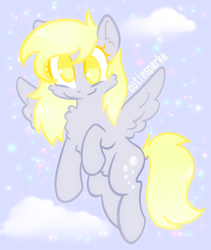 Size: 814x963 | Tagged: safe, artist:cutiesparke, derpibooru import, derpy hooves, pony, g4, cheek fluff, chest fluff, cloud, double mane, ear fluff, ears, female, flying, lightly watermarked, looking at you, raised hoof, raised leg, sky, sky background, smiling, solo, sparkles, spread wings, stars, watermark, wings