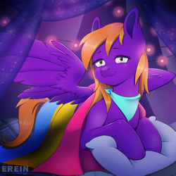 Size: 2000x2000 | Tagged: safe, alternate version, artist:erein, derpibooru import, oc, oc only, oc:burningstar, pegasus, pony, alternate character, bandana, bedroom, clothes, commission, ears up, female, flag, garland, high res, indoors, lgbt, looking at you, multicolored eyes, multicolored hair, multicolored tail, night, pansexual, pansexual pride flag, pegasus oc, pillow, pride, pride flag, pride month, purple fur, room, smiling, smiling at you, solo, spread wings, string lights, tail, wings, ych result
