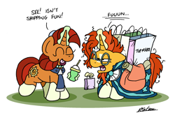 Size: 2316x1502 | Tagged: safe, artist:bobthedalek, derpibooru import, stellar flare, sunburst, pony, unicorn, g4, atg 2024, bag, drink, duo, duo male and female, female, horn, magic, male, mare, messy mane, mother and child, mother and son, newbie artist training grounds, parent and child, saddle bag, scroll, shopping, smoothie, stallion, telekinesis, tired