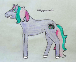 Size: 2686x2181 | Tagged: safe, derpibooru import, oc, oc only, oc:razzaroola, earth pony, pony, g3, art trade, colored pencil drawing, cursive writing, earth pony oc, excited, female, grin, happy, hoers, mare, multicolored eyes, multicolored hair, multicolored mane, multicolored tail, not razzaroo, rectangular pupil, simple background, smiling, solo, tail, traditional art