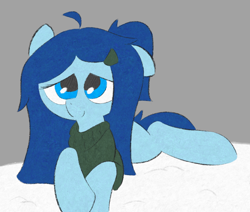 Size: 972x824 | Tagged: safe, artist:castafae, derpibooru import, oc, oc only, oc:babbling brook, earth pony, pony, clothes, female, hairclip, lying down, mare, one ear down, ponytail, prone, solo, sweater