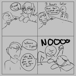 Size: 762x756 | Tagged: safe, artist:thebatfang, derpibooru import, oc, oc:anon, oc:zippers, human, bald, bed, comic, dialogue, female, human male, male, mare, on bed, sad, unconscious