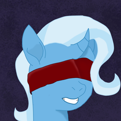 Size: 2000x2000 | Tagged: safe, artist:crimsonenjoyer, derpibooru import, trixie, unicorn, big ears, blindfold, bust, curved horn, ears, female, horn, krita, mare