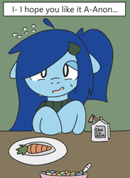 Size: 775x1056 | Tagged: safe, artist:castafae, derpibooru import, oc, oc:babbling brook, earth pony, pony, carrot, cereal, clothes, dialogue, ears, emanata, female, floppy ears, food, hairclip, mare, milk carton, nervous, ponytail, raised hooves, solo, sweat, sweatdrops, sweater