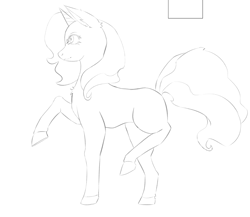 Size: 1316x1141 | Tagged: safe, artist:anonymous, derpibooru import, oc, oc only, oc:almond blossom, unicorn, /bale/, bipedal, chest fluff, ear fluff, ears, female, grayscale, horn, mare, monochrome, raised hooves, side view, simple background, slender, solo, thin, unicorn oc, white background, wip