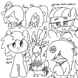 Size: 1020x1020 | Tagged: safe, artist:castafae, derpibooru import, rainbowshine, oc, oc:anon filly, oc:babbling brook, oc:faint rune, earth pony, pegasus, pony, belly button, blushing, clothes, dialogue, ear blush, ears, eyebrows, fangs, female, filly, floppy ears, flower, flower in hair, flying, foal, glasses, hair over eyes, hairclip, lidded eyes, mare, monochrome, mug, ponytail, raised hooves, scarf, sweater