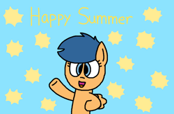 Size: 1181x776 | Tagged: safe, artist:gillianthecreator36, first base, pegasus, pony, adorabase, bipedal, blue background, cute, cyan background, female, female first base, filly, foal, open mouth, open smile, pegasus first base, race swap, simple background, smiling, solo, summer, sun, waving