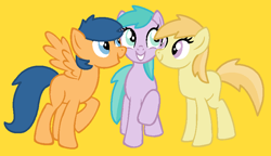 Size: 839x482 | Tagged: safe, artist:maddiewondermanforever36, artist:pastel-pocky, first base, noi, earth pony, pegasus, pony, g4, adorabase, aura (g4), aurabetes, base used, best friends, closed mouth, cute, female, female first base, friends, girly girl, grin, mare, noiabetes, older, older aura (g4), older first base, older noi, open mouth, open smile, pegasus first base, race swap, raised hoof, raised leg, simple background, smiling, tomboy, trio, yellow background