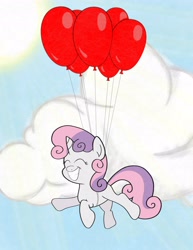 Size: 3165x4096 | Tagged: safe, artist:vcustomguitars, derpibooru import, sweetie belle, pony, unicorn, g4, balloon, cloud, cute, diasweetes, eyes closed, floating, grin, horn, smiling, solo, then watch her balloons lift her up to the sky