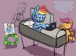 Size: 2732x2048 | Tagged: safe, artist:phutashi, derpibooru import, rainbow dash, scootaloo, earth pony, pegasus, pony, g4, atg 2024, coffin, computer, duo focus, female, filly, foal, funeral, high res, laptop computer, lidded eyes, male, mare, newbie artist training grounds, stallion, suddenly hands, thumbs up, trio, typing, wreath