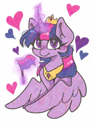 Size: 750x1000 | Tagged: safe, artist:raggdollii, derpibooru import, twilight sparkle, twilight sparkle (alicorn), alicorn, pony, g4, bilight sparkle, bisexual pride flag, blushing, crown, eye clipping through hair, female, glowing, glowing horn, heart, horn, jewelry, looking at you, magic, magic aura, mare, partially open wings, peytral, pride, pride flag, pride month, regalia, simple background, smiling, smiling at you, solo, sparkly eyes, telekinesis, white background, wingding eyes, wings