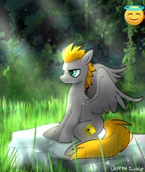 Size: 1726x2048 | Tagged: safe, artist:petaltwinkle, derpibooru import, part of a set, oc, oc only, oc:platinumdrop, pegasus, pony, art trade, blue eyes, colored, detailed, detailed background, emoji, frown, grass, gray coat, long tail, male, narrowed eyes, nature, outdoors, pegasus oc, rock, shiny eyes, short mane, signature, sitting, solo, spiky mane, spread wings, stallion, tail, wings, yellow mane, yellow tail