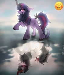 Size: 1726x2048 | Tagged: safe, artist:petaltwinkle, derpibooru import, part of a set, twilight sparkle, unicorn twilight, pony, unicorn, g4, alternate design, alternate hairstyle, art trade, bangs, blurry background, brown hooves, colored, colored hooves, colored horn, day, duality, ear fluff, ears, ears back, emoji, evil twilight, eye clipping through hair, eyelashes, fetlock tuft, frown, glowing, glowing eyes, horn, long mane, long tail, looking at you, missing cutie mark, multicolored mane, multicolored tail, outdoors, purple coat, purple eyes, raised hoof, raised leg, red eyes take warning, reflection, signature, sky, solo, sparkly mane, sparkly tail, standing, staring into your soul, tail, tied tail, unique horn, unshorn fetlocks, water, wide eyes, wingding eyes