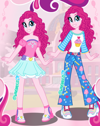 Size: 1080x1350 | Tagged: safe, artist:wavebreeze234, derpibooru import, pinkie pie, human, equestria girls, g4, 2d, belt, belt buckle, canterlot high, clothes, curly hair, female, looking at you, shirt, shoes, short sleeves, skirt, smiling, smiling at you, waistband