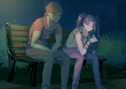 Size: 3508x2480 | Tagged: safe, artist:amazingpuffhair, derpibooru import, aria blaze, oc, oc:tokamak, bench, commission, night, park bench, pensive