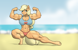 Size: 4059x2590 | Tagged: safe, artist:matchstickman, derpibooru import, applejack, anthro, earth pony, plantigrade anthro, g4, applejacked, applerack, beach, belly button, bicep flex, bikini, breasts, buff breasts, clothes, feet, female, flexing, muscles, muscular female, ocean, pose, solo, swimsuit, water